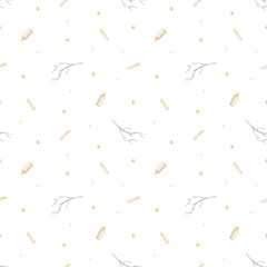 Halloween pattern burning candles, branches stars dots. Hand-drawn watercolor illustrations in childish style. Seamless print isolated from background for textiles fabrics clothing wallpaper packaging