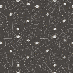 Halloween pattern spiders crawling on web. Watercolor illustration is hand-drawn in childish style. Seamless print on dark gray background is suitable for textiles, fabrics, clothing, wallpaper paper