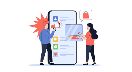 Dynamic digital marketing team promoting new product launch on mobile app interface