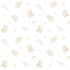 Halloween pattern ghosts flying among candles, branches, stars. Hand-drawn watercolor illustration in childish style. Seamless print isolated from background for textiles, fabrics, clothing, wallpaper