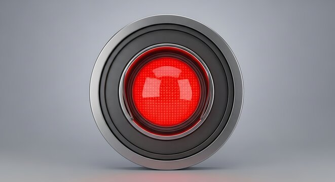 Illuminated red button representing a recording indicator or an artificial intelligence eye, signifying active surveillance or a critical system status for monitoring