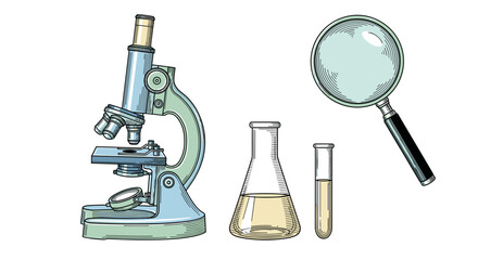 Scientific exploration tools microscope magnifying glass and lab flasks for discovery and analysis