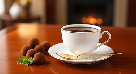 Obraz premium Indulge in Elegance Coffee, Truffles, and Warmth by the Fireplace - A Moment of Cozy Luxury