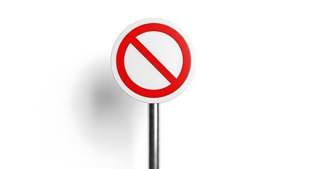 A blank red and white prohibition sign on a metal pole, representing concepts of restriction, denial, and forbidden actions, isolated on a white background with a shadow