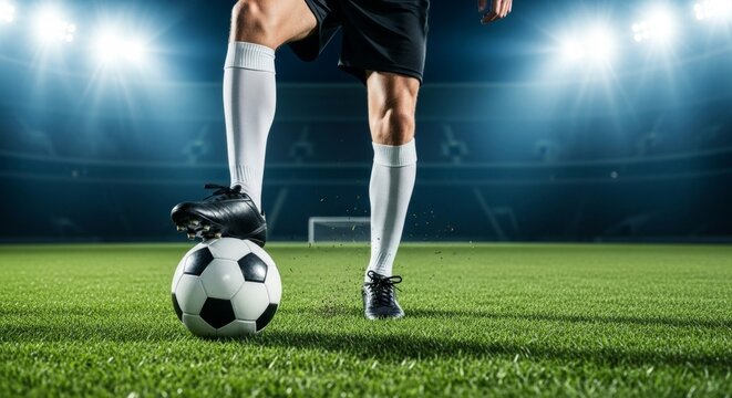 Male soccer player kicking ball on lit stadium field at night - Powered by Adobe