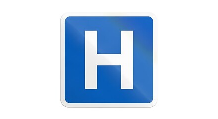 Fototapeta premium Blue square sign with a white letter H indicating a hospital or medical facility, commonly used for directional purposes