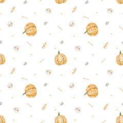 Pattern of chaotic flying pumpkins, spiders, skulls, bones, candles. Hand-drawn watercolor illustration in childish Halloween style. Seamless print isolated background for textiles, fabrics, clothing