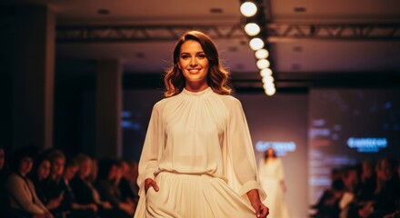 Elegant female model walking fashion runway in white dress