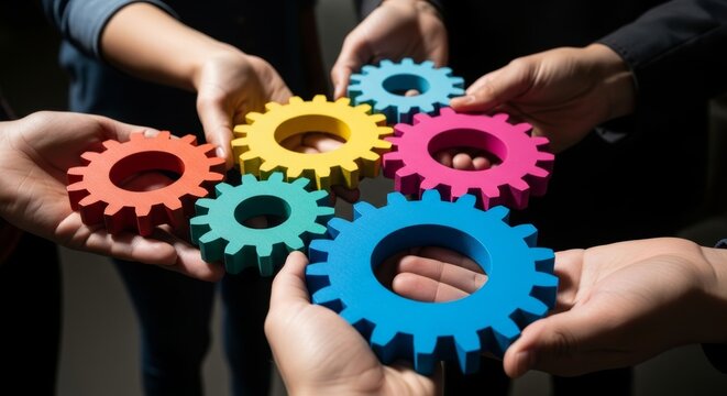 Diverse hands holding colorful cogs symbolizing teamwork and collaboration
