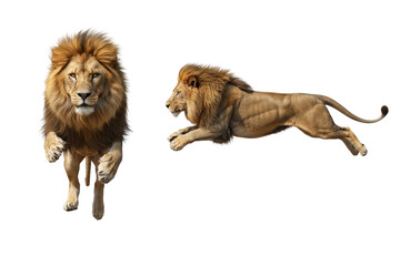 Majestic Male Lions Isolated: Running Towards and Leaping