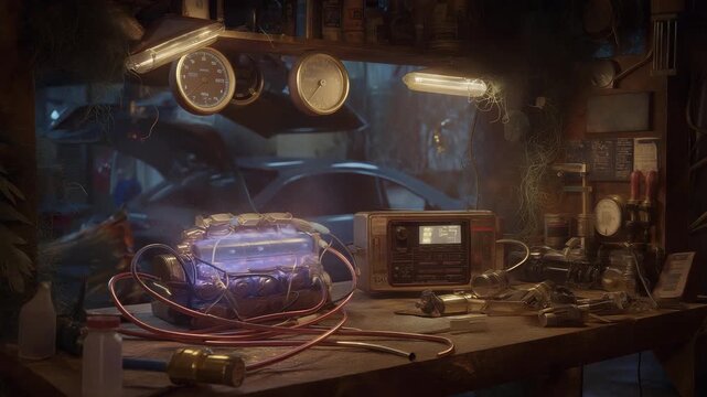 A street racer fine-tunes a nitrous system in a backyard shed with hoses connecting, gauges flickering, scattered wrenches on a workbench, and a radio playing rock anthems, depicted in a intricate