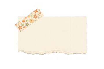 Torn paper note with decorative floral washi tape, blank space for text, vintage scrapbook design with transparent background