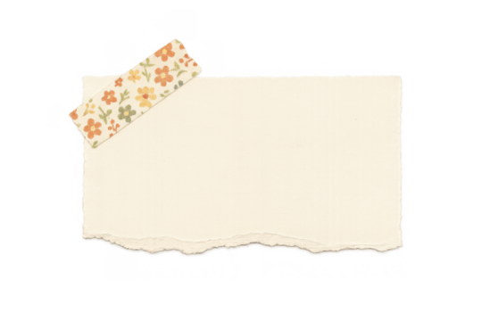 Torn paper note with decorative floral washi tape, blank space for text, vintage scrapbook design with transparent background