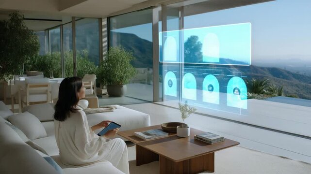 Futuristic living room where a user speaks to a floating holographic digital assistant, receiving real-time updates, personalized recommendations, and task management, highlighting advanced AI and