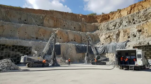 Medium shot showcasing controlled blasting preparations with advanced machinery in a quarry emphasizing safety and noise reduction techniques.