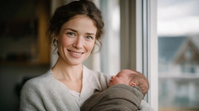 Smiling mother standing by a large window holding her infant wrapped in a cozy blanket, emotion of peace and contentment visible, representing motherhood, newborn care, and the emotional beauty of
