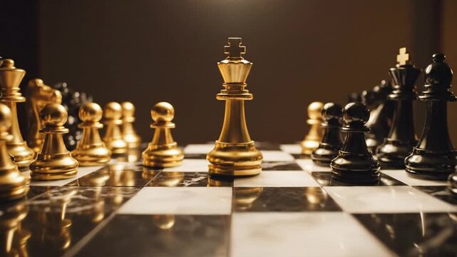 Chessboard close up with golden and black pieces under a bright overhead light concept of strategy