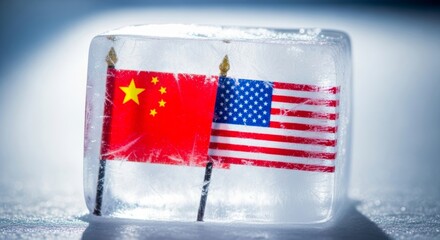 Fototapeta premium China and usa flags encased in ice symbolizing frozen diplomatic relations