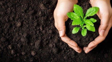 Hands Holding Seedling Above Dark Soil Close Up for Gardening and Nature