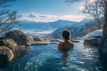 A Japanese woman relaxes in an outdoor hot spring surrounded by snowy mountains, representing peace, balance, and harmony. 