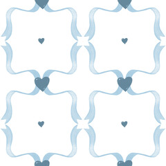 Charming seamless design of hearts framed by wavy ribbons in blue tones on a transparent background. Suitable for invitations, wrapping paper, or romantic themes inspiring affection and whimsy.