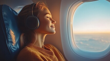 Passenger relaxing in airplane seat wearing headphones during long flight. Peaceful travel scene with passenger listening to music on airplane 