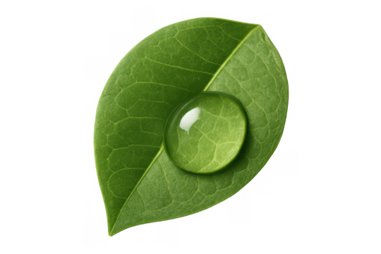 Green leaf with clear water drop, symbolizing freshness, ecology, and natural purity on transparent background