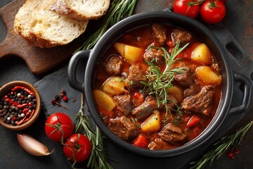 Rustic cooking and homemade recipe .Delicious homemade beef stew with potatoes, carrots, and herbs served in a rustic bowl symbol of comfort and warmth. 