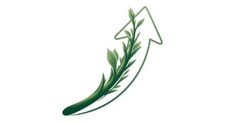 A green plant growing upwards within an arrow shape, representing growth and development isolated on transparent background