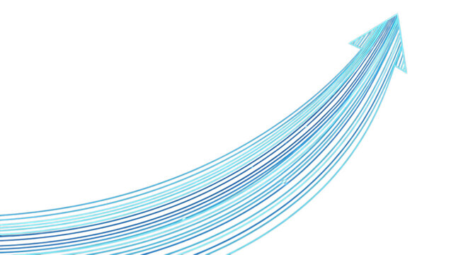 Blue arrow composed of many lines showing upward growth isolated on transparent background