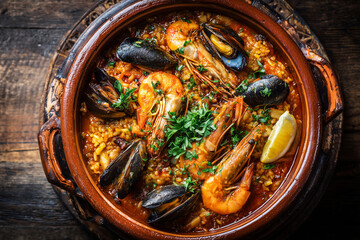 Traditional Portuguese Arroz de Marisco made with rice and mixed seafood in a rich savory broth. Iconic coastal dish representing authentic Portuguese cuisine.