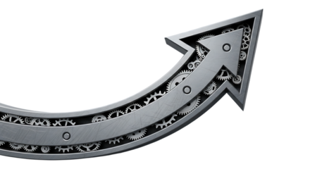 Metallic arrow with gears pointing upwards isolated on transparent background