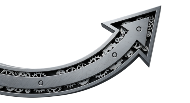 Metallic arrow with gears pointing upwards isolated on transparent background