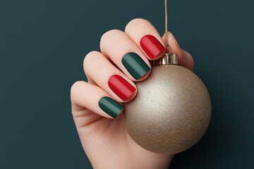 Hand with red and green festive manicure holding gold Christmas ball, fashion holiday  concept 

