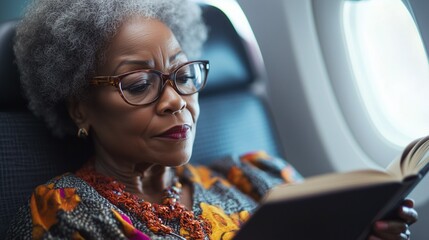 An elderly woman reads a book peacefully during a flight, enjoying quiet time while traveling. 