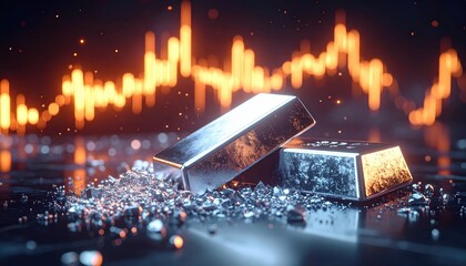 Silver bars with glowing financial chart symbolize investment wealth economy and precious metal trading trend in global finance market concept