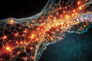 Microscopic close-up of DNA molecular connection with luminous nodes, representing biotechnology, biology, and science progress. 