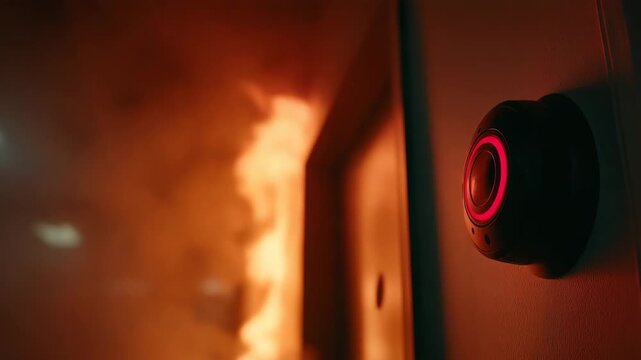 A smart fire alarm with a glowing red light during a house fire. Smoke detector alerts to danger with flames in the background. Home safety and security technology concept