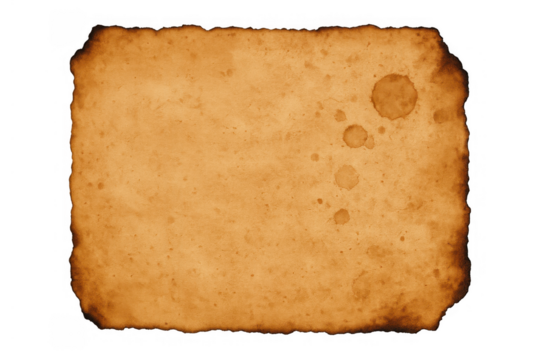 Old burnt parchment paper texture with stain spots, aged vintage design element, transparent background