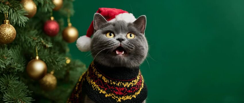 A funny grey cat wearing a Santa hat and a festive sweater. An adorable British Shorthair pet singing Christmas carols next to a tree. Holiday animal concept with copy space
