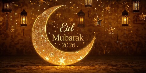 Golden crescent moon with eid mubarak 2026 text and lanterns, symbolizing islamic celebration and festivity