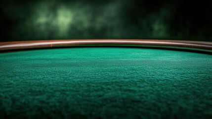 green felt for poker game in casino table with a polished wooden edge, ready for gambling. Blurred dark background provides a mysterious, atmospheric setting for poker or blackjack.