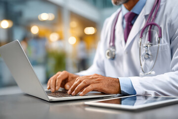 Professional doctor in white coat with stethoscope typing on laptop keyboard. Hands are actively working, a tablet sits nearby in a modern healthcare setting.