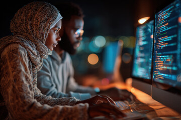 Focused young diverse programmers diligently typing on glowing computer keyboards, working on complex code in a dimly lit office environment late at night.