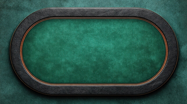 Empty green felt poker table with a textured black leather armrest and golden trim. This overhead view presents a professional casino gaming surface, ideal for gambling themes.