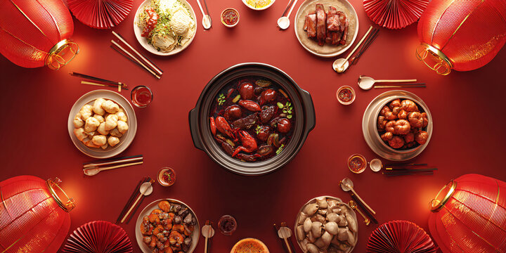 Festive Chinese New Year Reunion Dinner with Traditional Dishes and Red Lanterns on Red Table, Celebrating Spring Festival