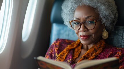 Focused senior woman reading book in airplane seat quietly.Elderly woman enjoying quiet travel and favorite book 