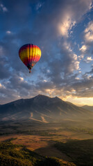 Colorful hot air balloon flying over a majestic mountain range and valley at sunrise