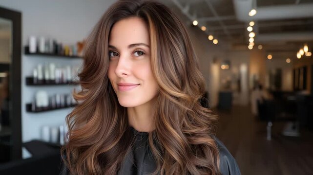 A beautiful woman with a new voluminous hairstyle in a salon. Client with long brown hair and highlights smiles at the camera. Hair care and beauty concept