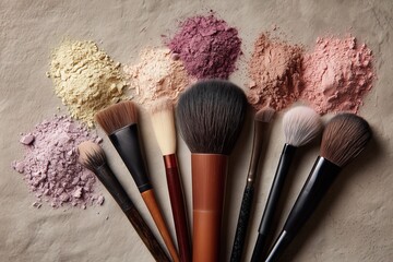 Professional makeup brushes and compact powder arranged in a flat lay composition clean and elegant cosmetics concept. 